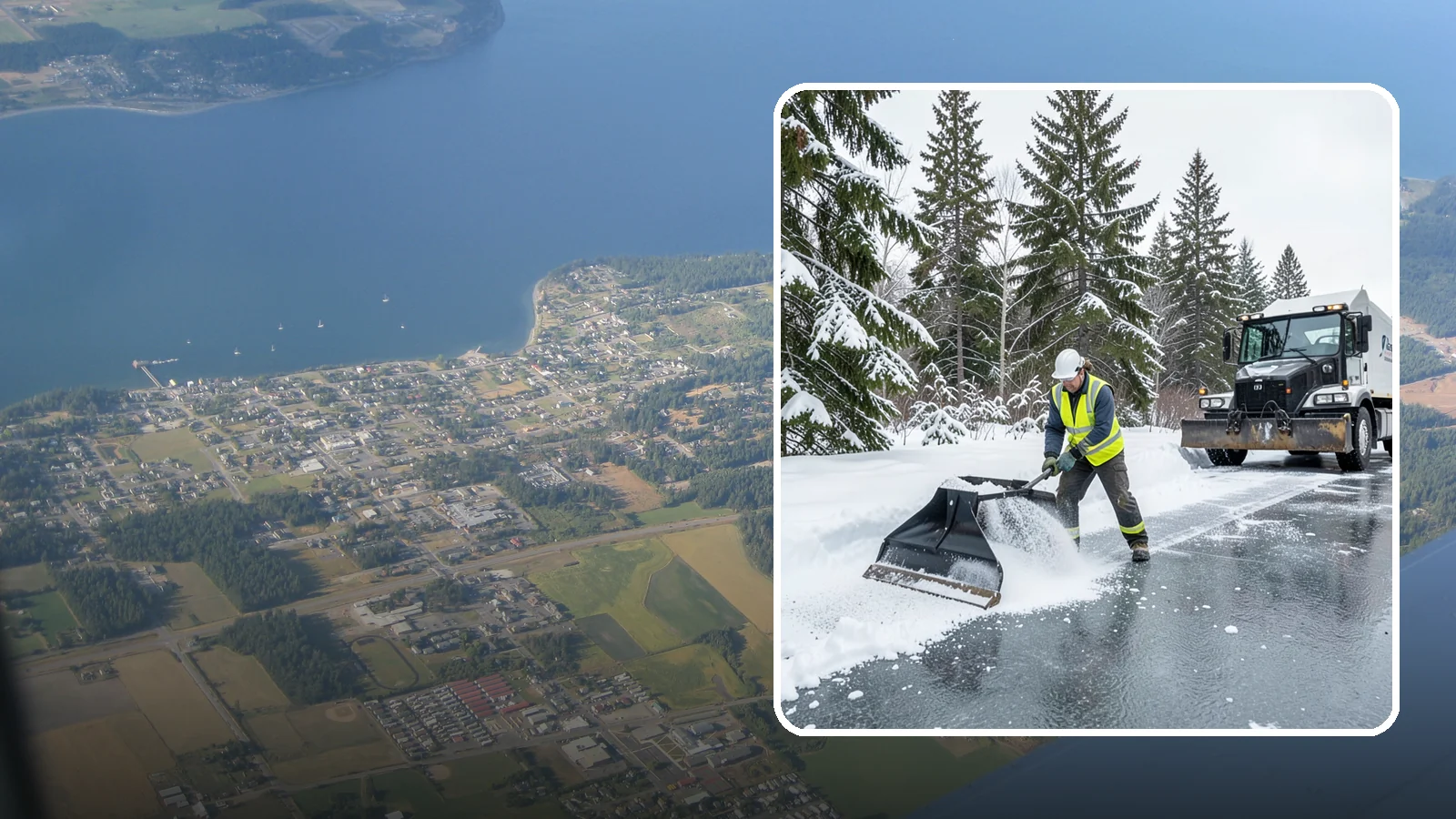 Rock Salt Application in Coupeville, Island County, WA - Rock salt application melts existing ice and packed snow on Western Washington pavement once temperatures sit above the low 20s.