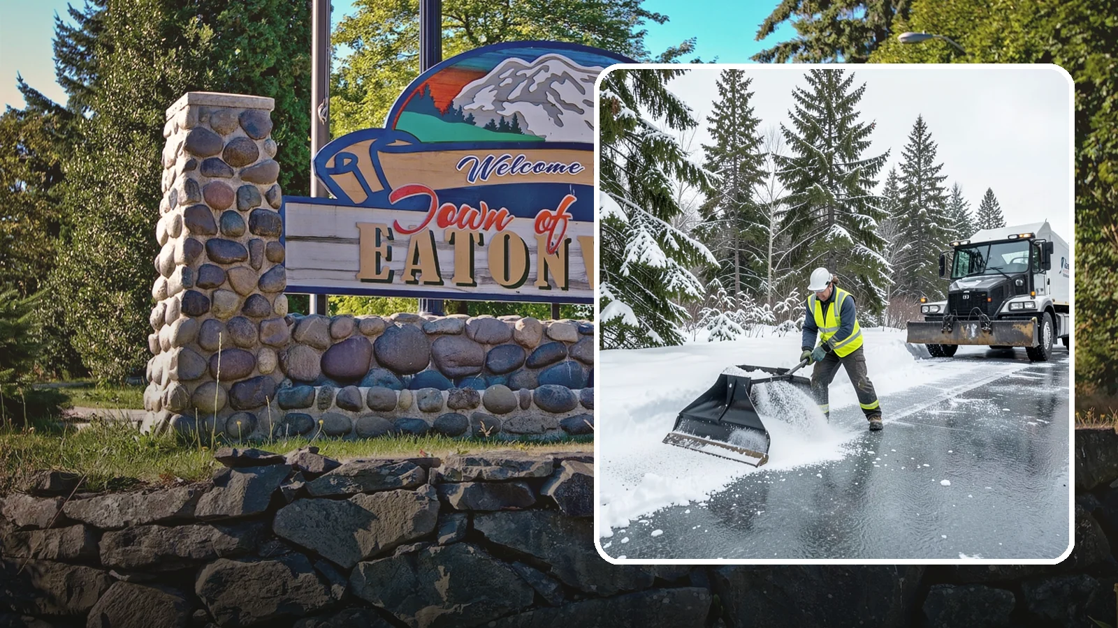 Rock Salt Application in Eatonville, Pierce County, WA - Rock salt application melts existing ice and packed snow on Western Washington pavement once temperatures sit above the low 20s.