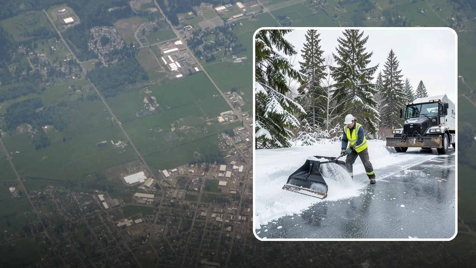 Rock Salt Application in Enumclaw, King County, WA - Rock salt application melts existing ice and packed snow on Western Washington pavement once temperatures sit above the low 20s.