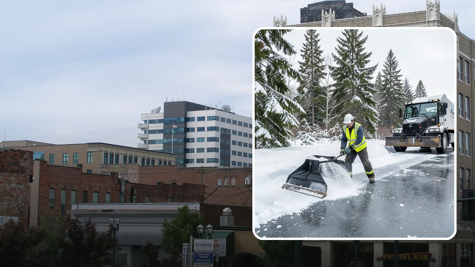 Rock Salt Application in Everett, Snohomish County, WA - Rock salt application melts existing ice and packed snow on Western Washington pavement once temperatures sit above the low 20s.