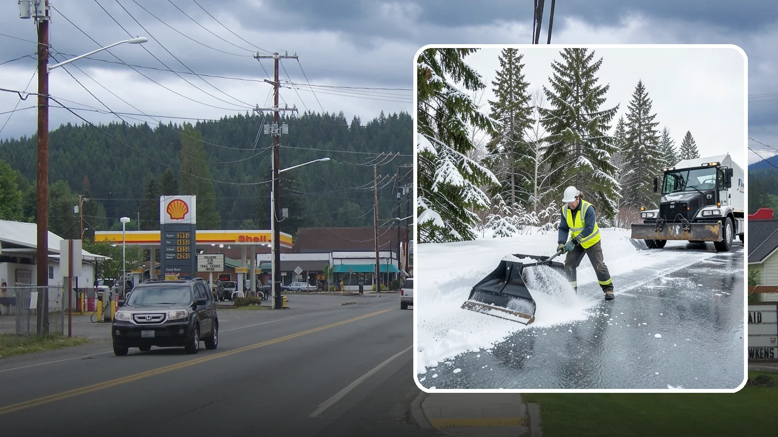 Rock Salt Application in Granite Falls, Snohomish County, WA - Rock salt application melts existing ice and packed snow on Western Washington pavement once temperatures sit above the low 20s.