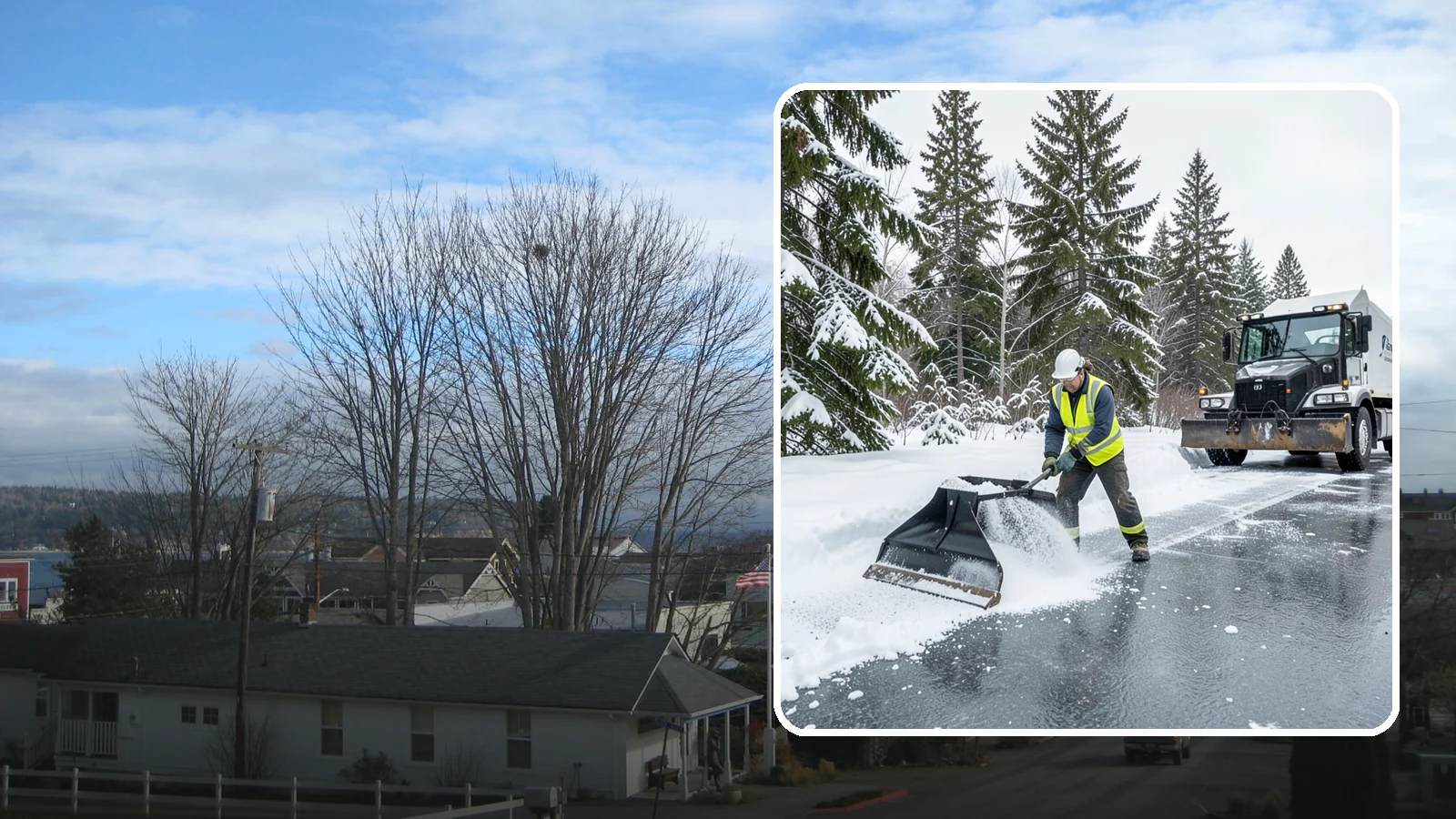 Rock Salt Application in Langley, Island County, WA - Rock salt application melts existing ice and packed snow on Western Washington pavement once temperatures sit above the low 20s.