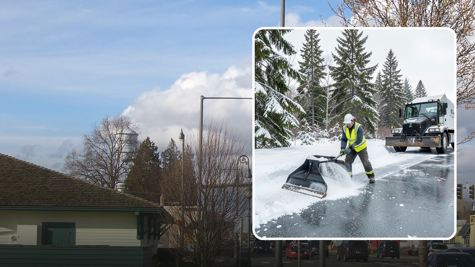 Rock Salt Application in Marysville, Snohomish County, WA - Rock salt application melts existing ice and packed snow on Western Washington pavement once temperatures sit above the low 20s.