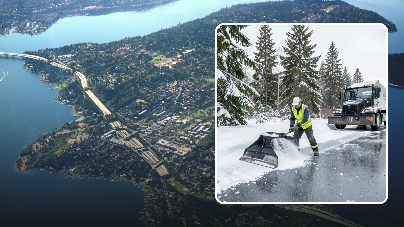 Rock Salt Application in Mercer Island, King County, WA - Rock salt application melts existing ice and packed snow on Western Washington pavement once temperatures sit above the low 20s.