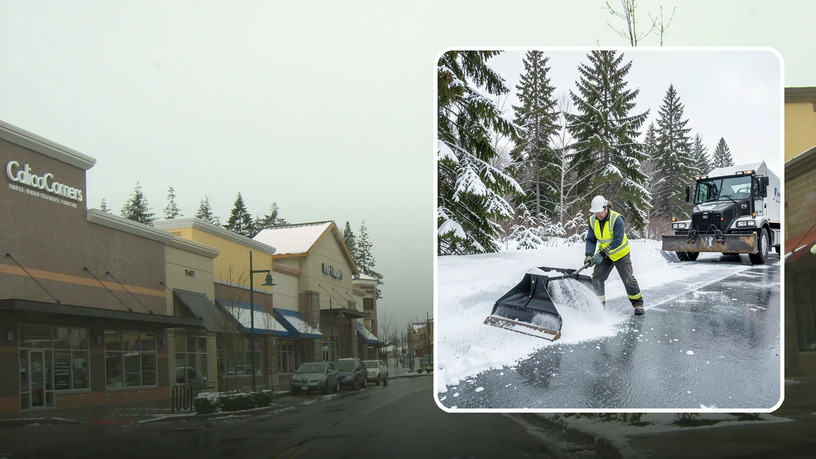 Rock Salt Application in Mill Creek, Snohomish County, WA - Rock salt application melts existing ice and packed snow on Western Washington pavement once temperatures sit above the low 20s.