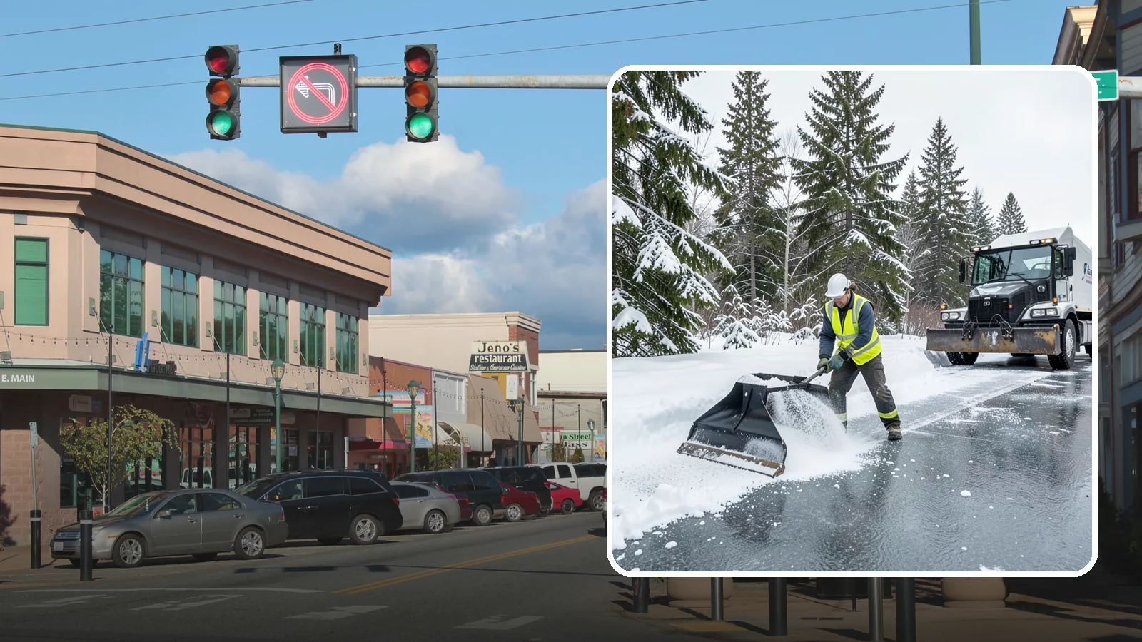 Rock Salt Application in Monroe, Snohomish County, WA - Rock salt application melts existing ice and packed snow on Western Washington pavement once temperatures sit above the low 20s.