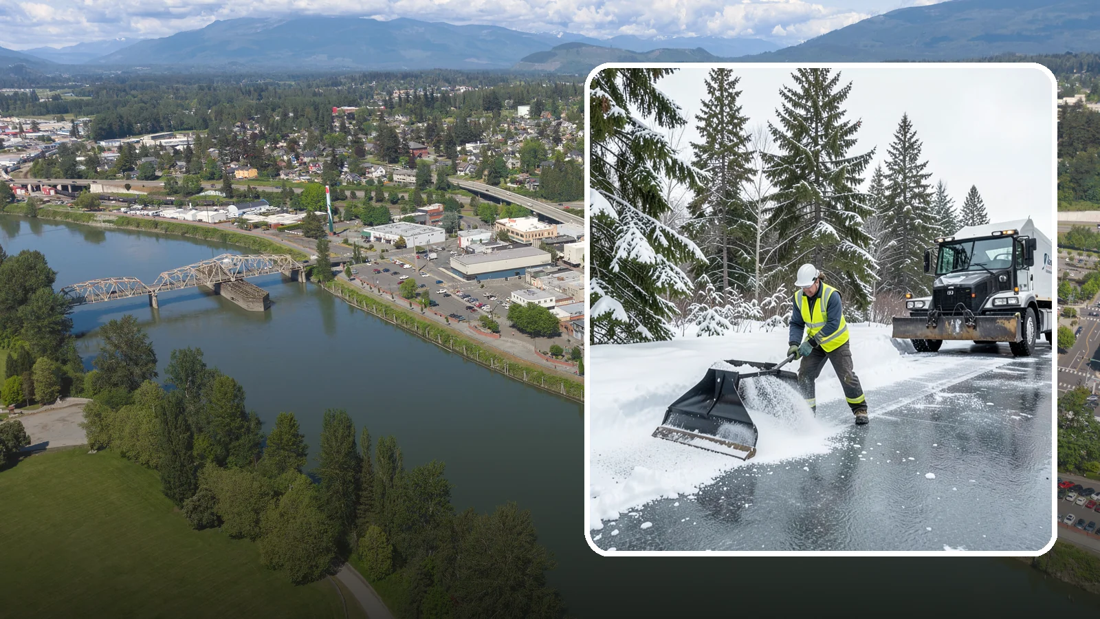 Rock Salt Application in Mount Vernon, Skagit County, WA - Rock salt application melts existing ice and packed snow on Western Washington pavement once temperatures sit above the low 20s.