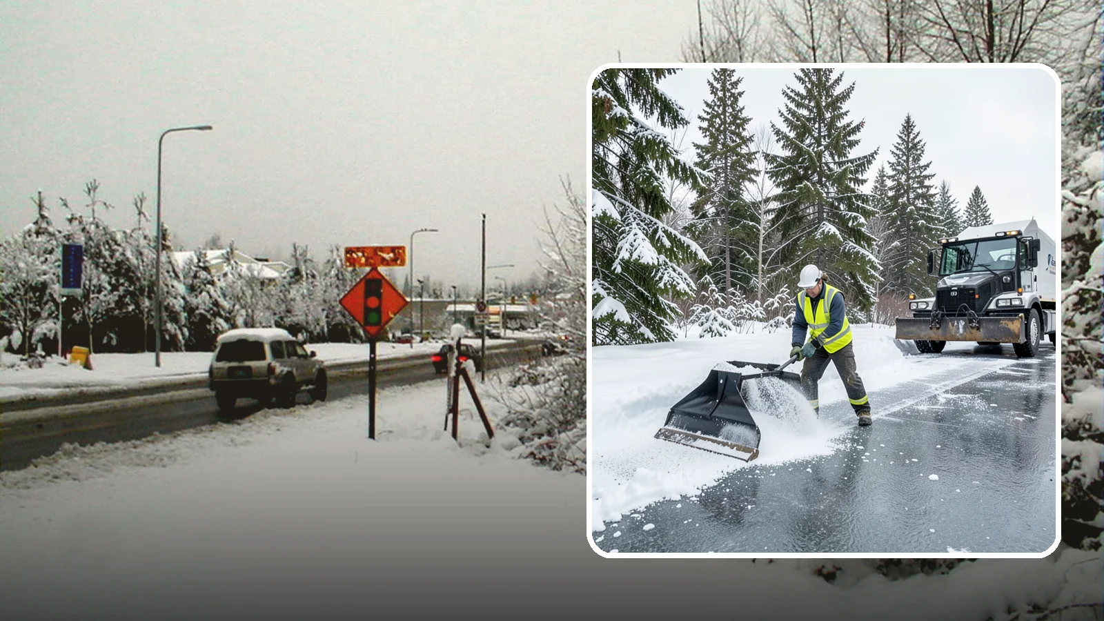 Rock Salt Application in Newcastle, King County, WA - Rock salt application melts existing ice and packed snow on Western Washington pavement once temperatures sit above the low 20s.