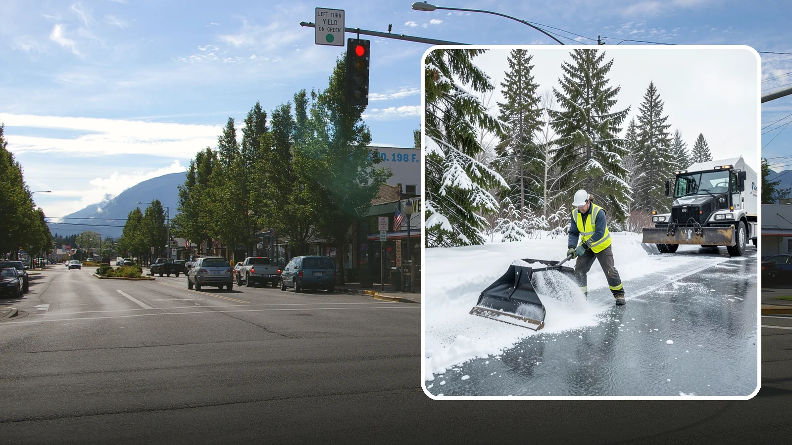 Rock Salt Application in North Bend, King County, WA - Rock salt application melts existing ice and packed snow on Western Washington pavement once temperatures sit above the low 20s.