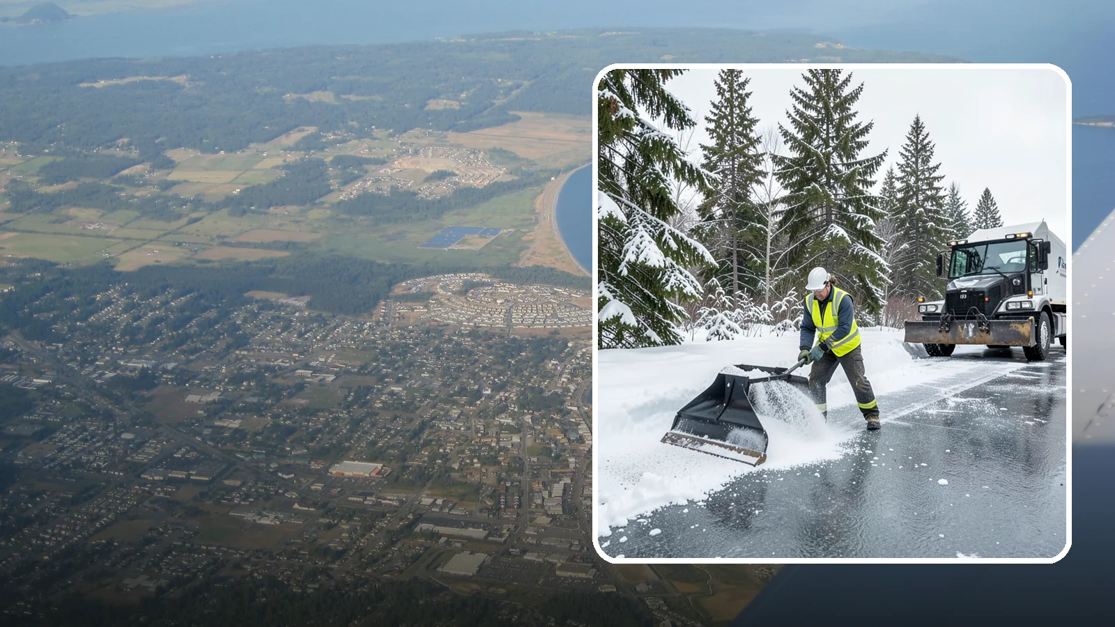 Rock Salt Application in Oak Harbor, Island County, WA - Rock salt application melts existing ice and packed snow on Western Washington pavement once temperatures sit above the low 20s.