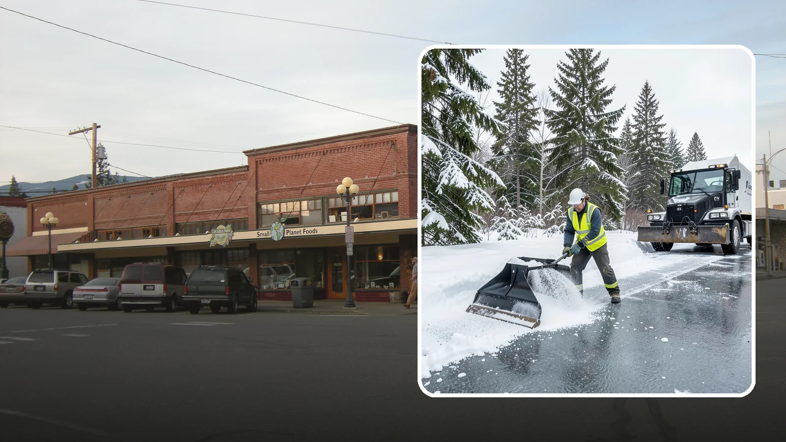 Rock Salt Application in Sedro-Woolley, Skagit County, WA - Rock salt application melts existing ice and packed snow on Western Washington pavement once temperatures sit above the low 20s.