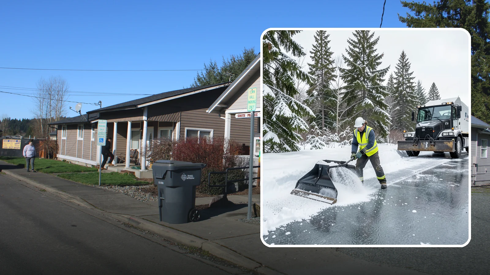 Rock Salt Application in South Prairie, Pierce County, WA - Rock salt application melts existing ice and packed snow on Western Washington pavement once temperatures sit above the low 20s.