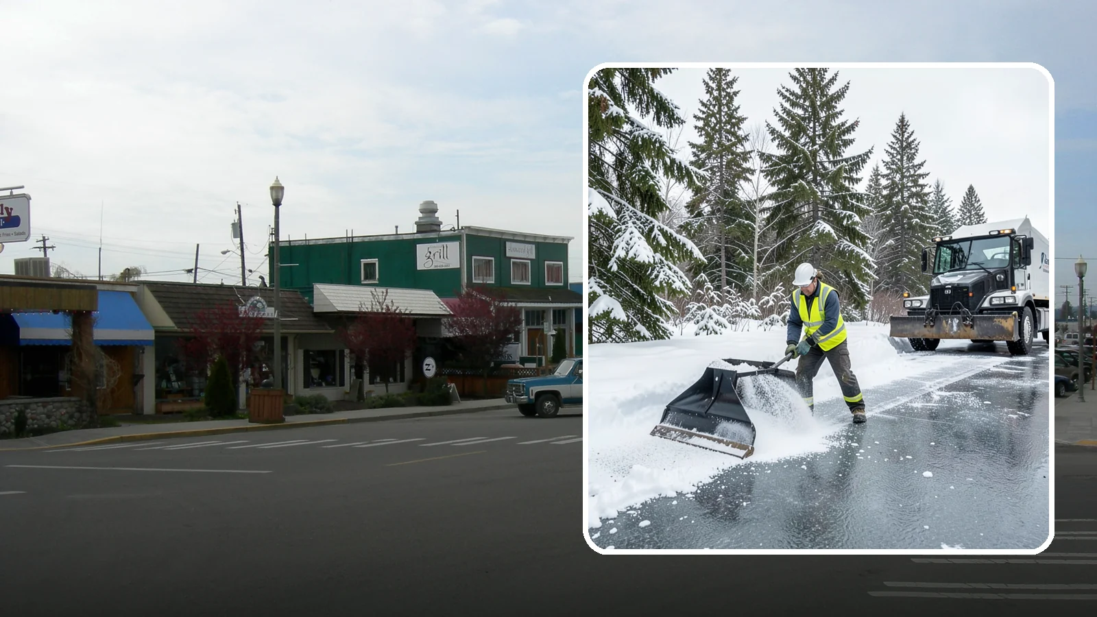 Rock Salt Application in Stanwood, Snohomish County, WA - Rock salt application melts existing ice and packed snow on Western Washington pavement once temperatures sit above the low 20s.