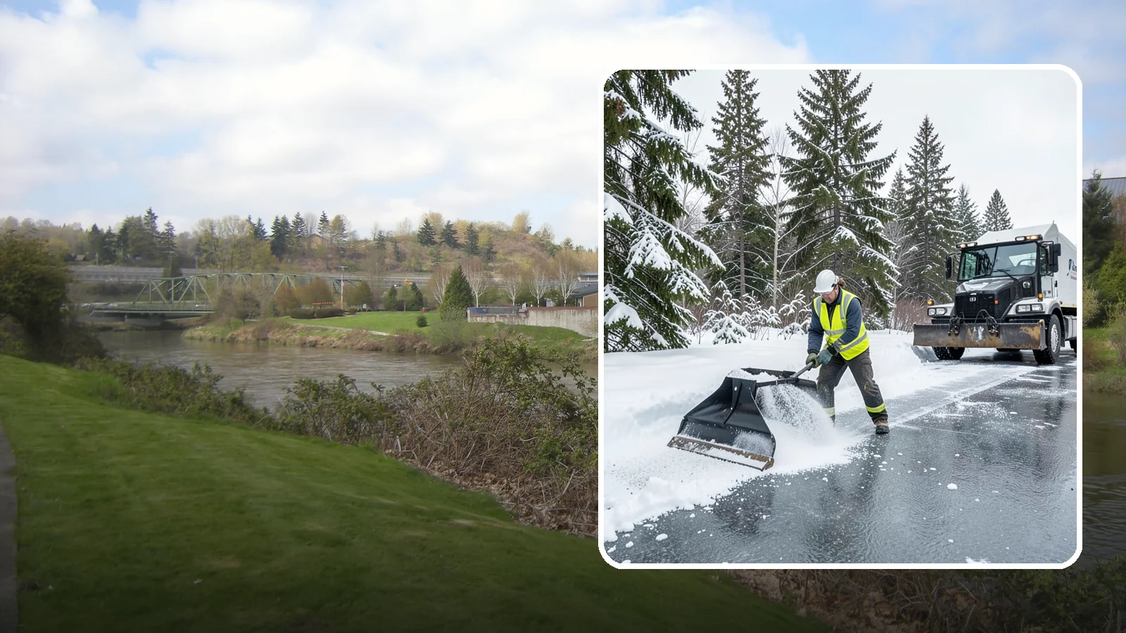 Rock Salt Application in Tukwila, King County, WA - Rock salt application melts existing ice and packed snow on Western Washington pavement once temperatures sit above the low 20s.