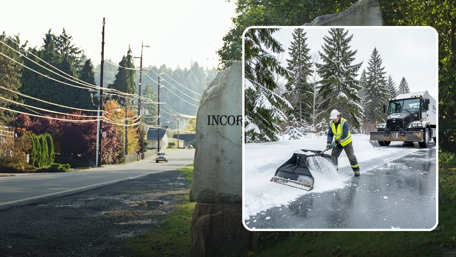 Rock Salt Application in Wilkeson, Pierce County, WA - Rock salt application melts existing ice and packed snow on Western Washington pavement once temperatures sit above the low 20s.