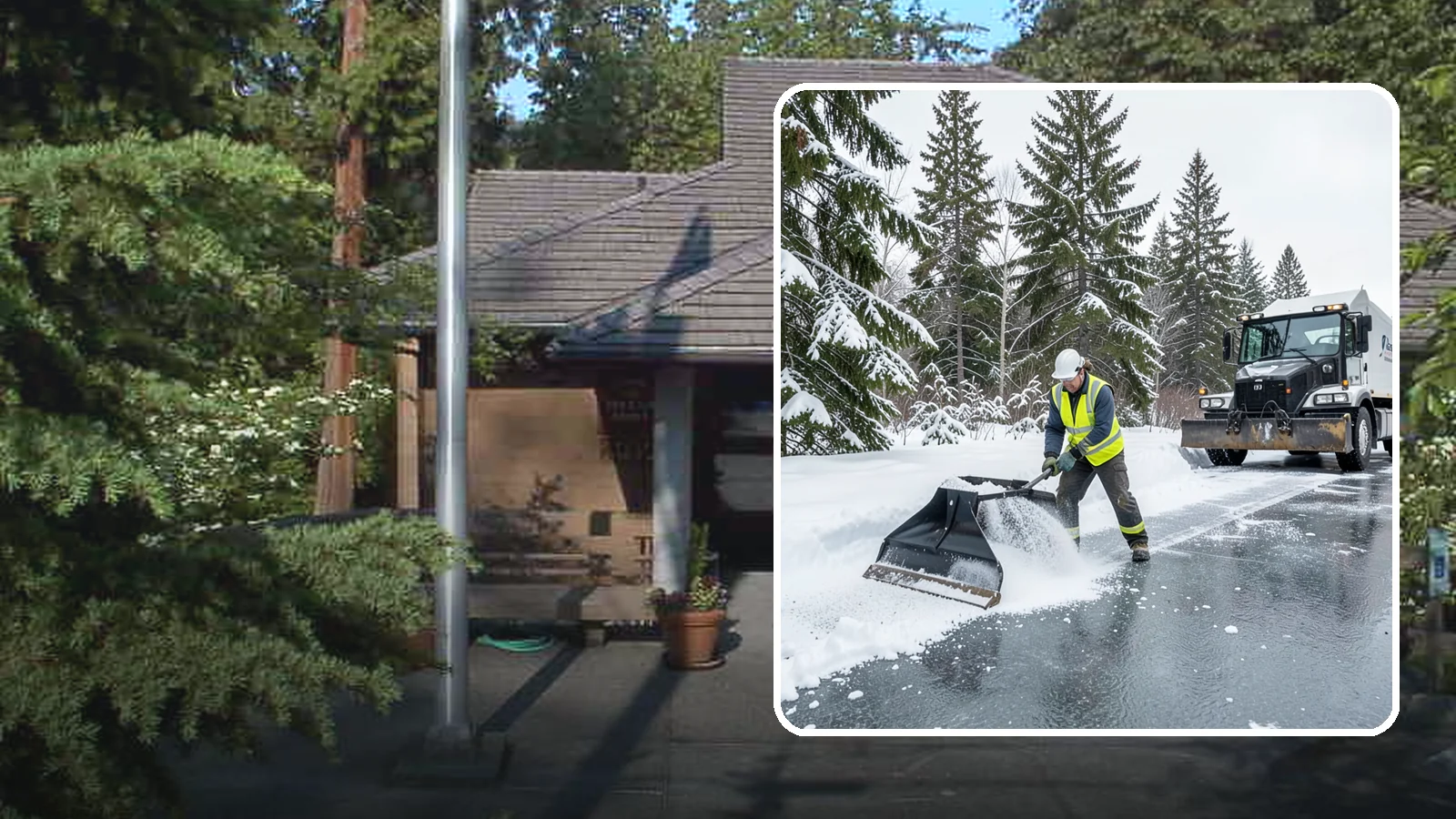 Rock Salt Application in Yarrow Point, King County, WA - Rock salt application melts existing ice and packed snow on Western Washington pavement once temperatures sit above the low 20s.