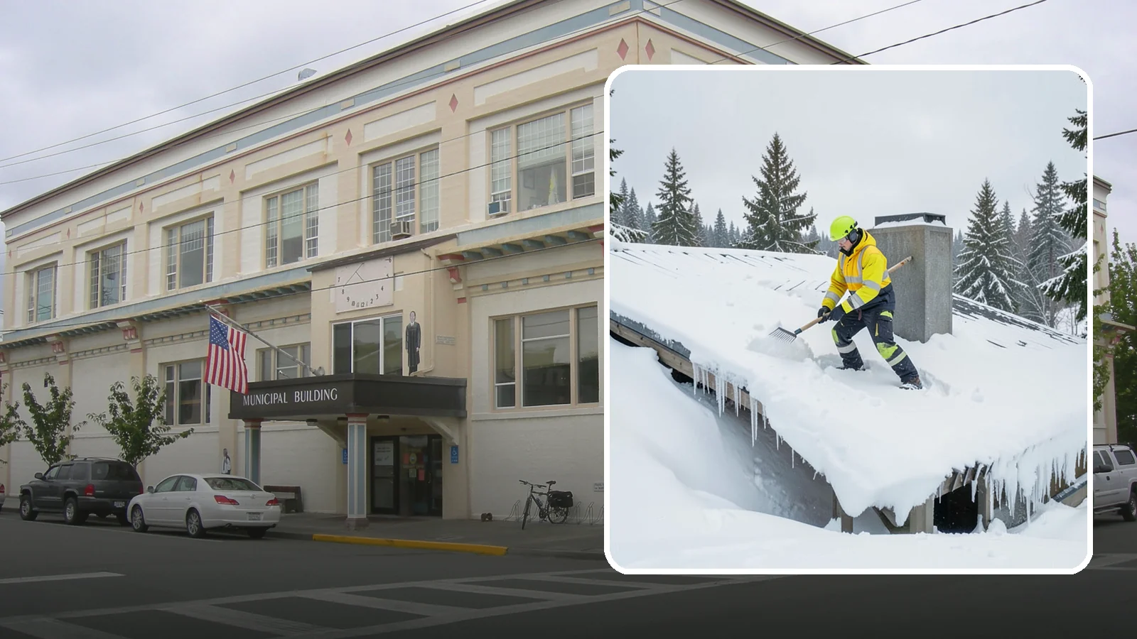Roof Edge Clearing in Anacortes, Skagit County, WA - We clear the roof edge and overhang zone where snow and ice concentrate above walkways and entrances.