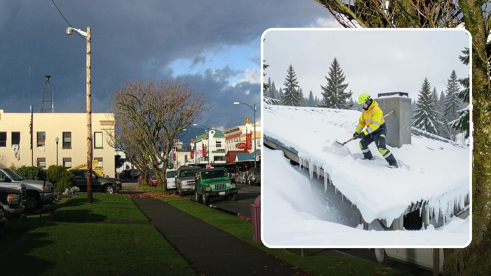 Roof Edge Clearing in Arlington, Snohomish County, WA - We clear the roof edge and overhang zone where snow and ice concentrate above walkways and entrances.