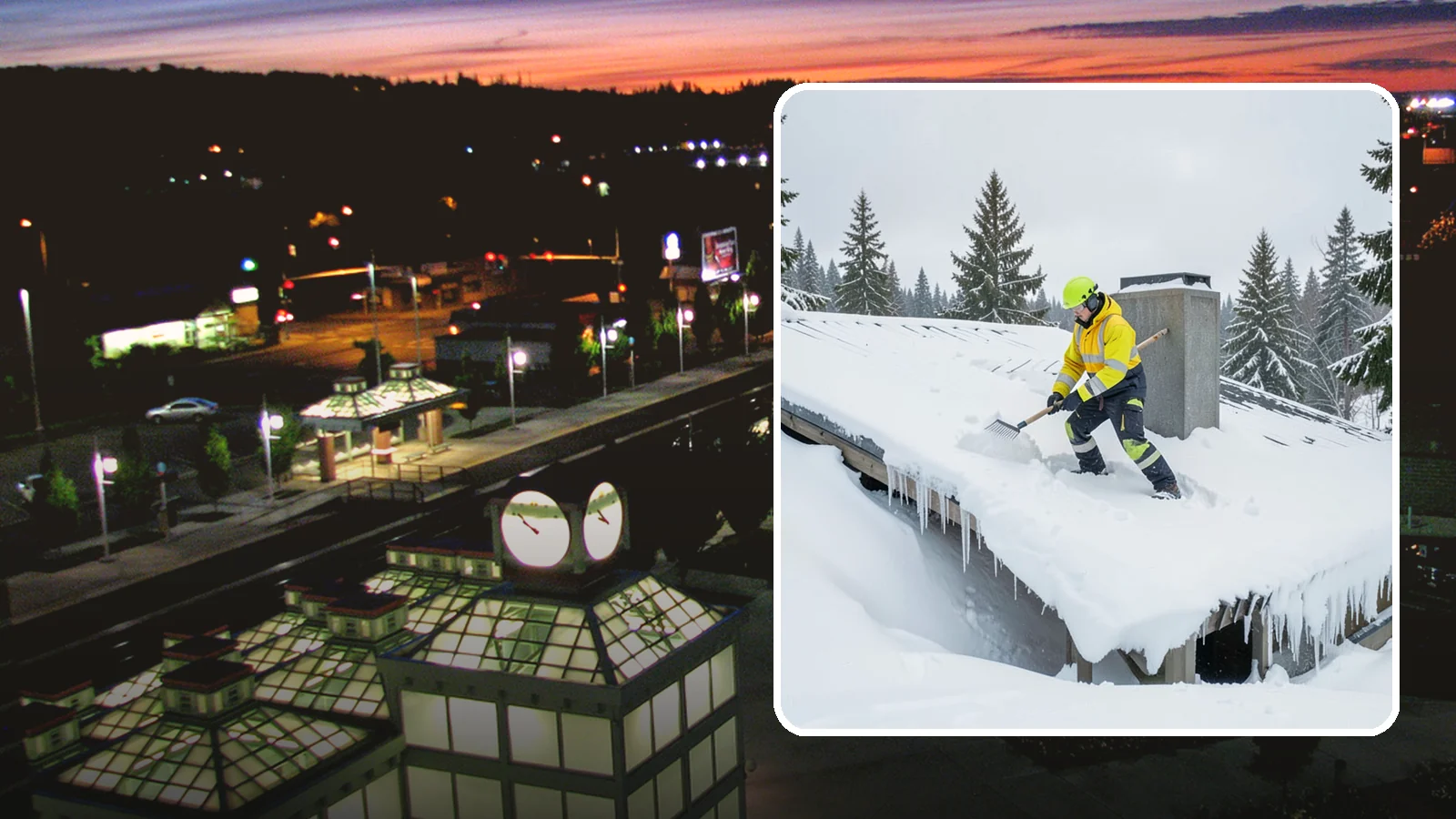 Roof Edge Clearing in Auburn, King County, WA - We clear the roof edge and overhang zone where snow and ice concentrate above walkways and entrances.