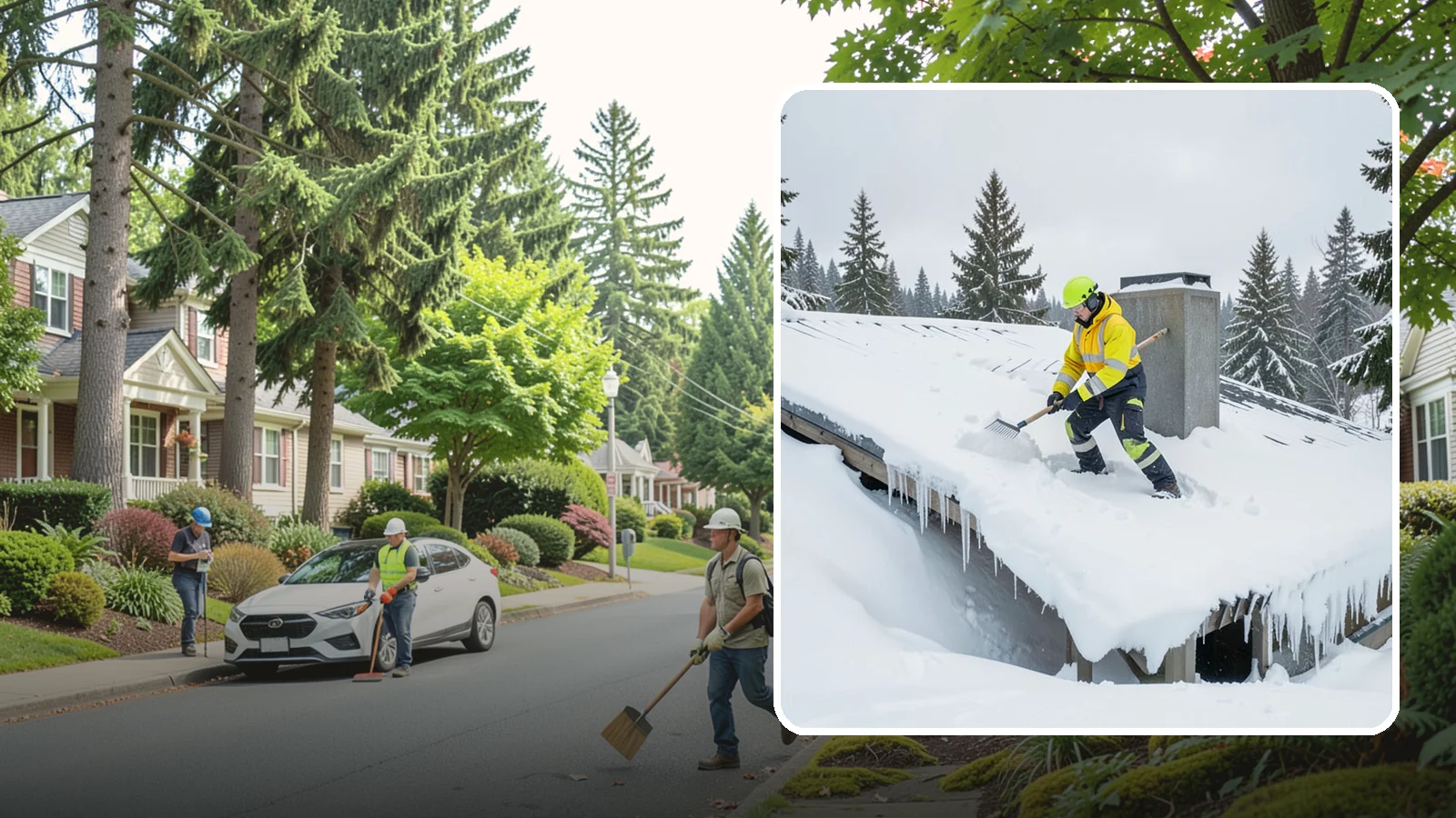 Roof Edge Clearing in Beaux Arts Village, King County, WA - We clear the roof edge and overhang zone where snow and ice concentrate above walkways and entrances.