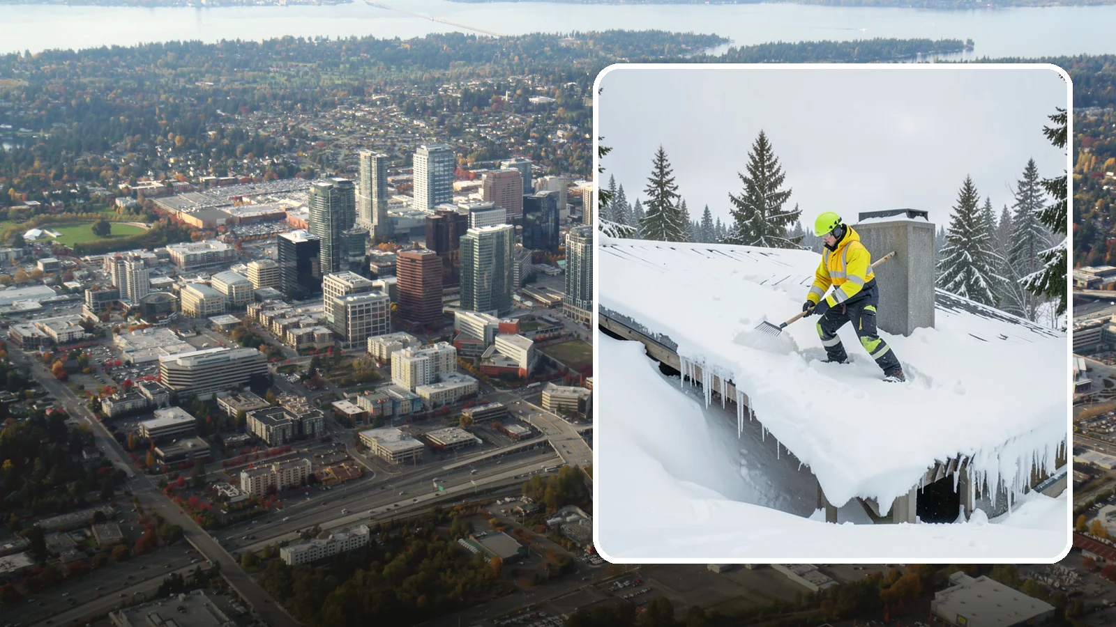 Roof Edge Clearing in Bellevue, King County, WA - We clear the roof edge and overhang zone where snow and ice concentrate above walkways and entrances.