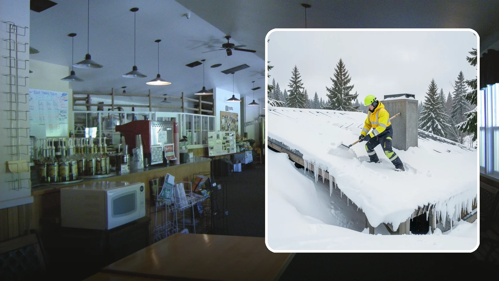 Roof Edge Clearing in Black Diamond, King County, WA - We clear the roof edge and overhang zone where snow and ice concentrate above walkways and entrances.