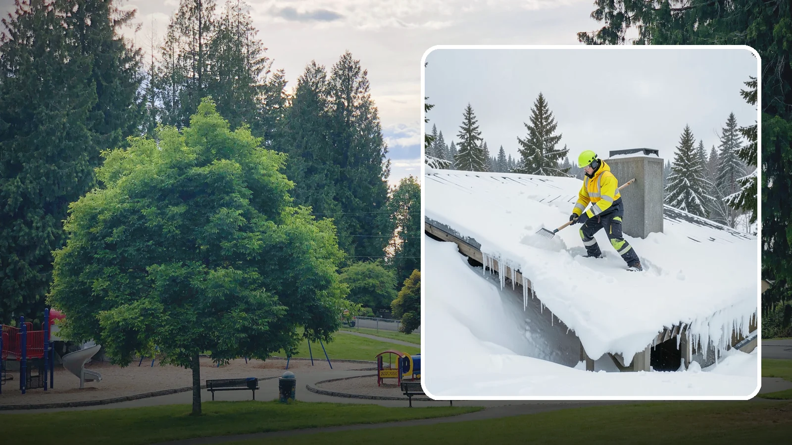 Roof Edge Clearing in Bonney Lake, Pierce County, WA - We clear the roof edge and overhang zone where snow and ice concentrate above walkways and entrances.
