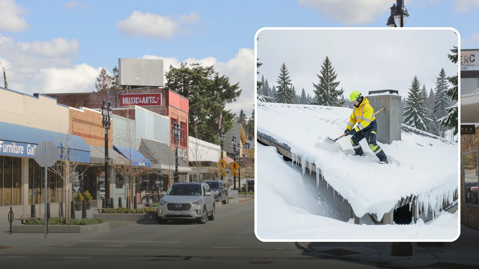 Roof Edge Clearing in Bothell, King County, WA - We clear the roof edge and overhang zone where snow and ice concentrate above walkways and entrances.
