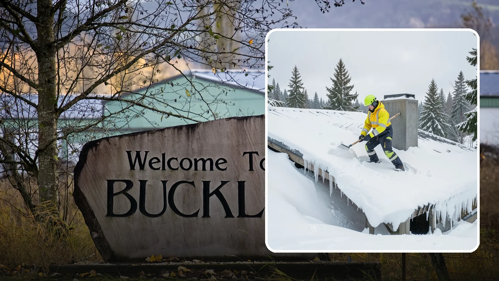Roof Edge Clearing in Buckley, Pierce County, WA - We clear the roof edge and overhang zone where snow and ice concentrate above walkways and entrances.