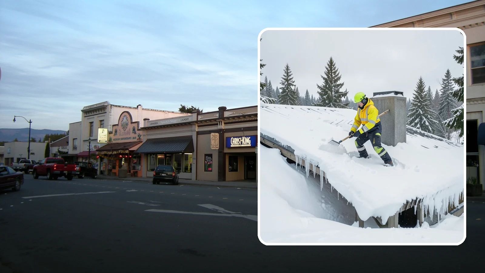 Roof Edge Clearing in Burlington, Skagit County, WA - We clear the roof edge and overhang zone where snow and ice concentrate above walkways and entrances.