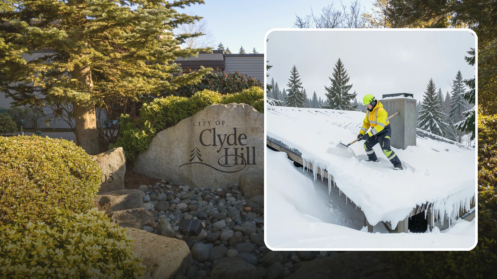 Roof Edge Clearing in Clyde Hill, King County, WA - We clear the roof edge and overhang zone where snow and ice concentrate above walkways and entrances.