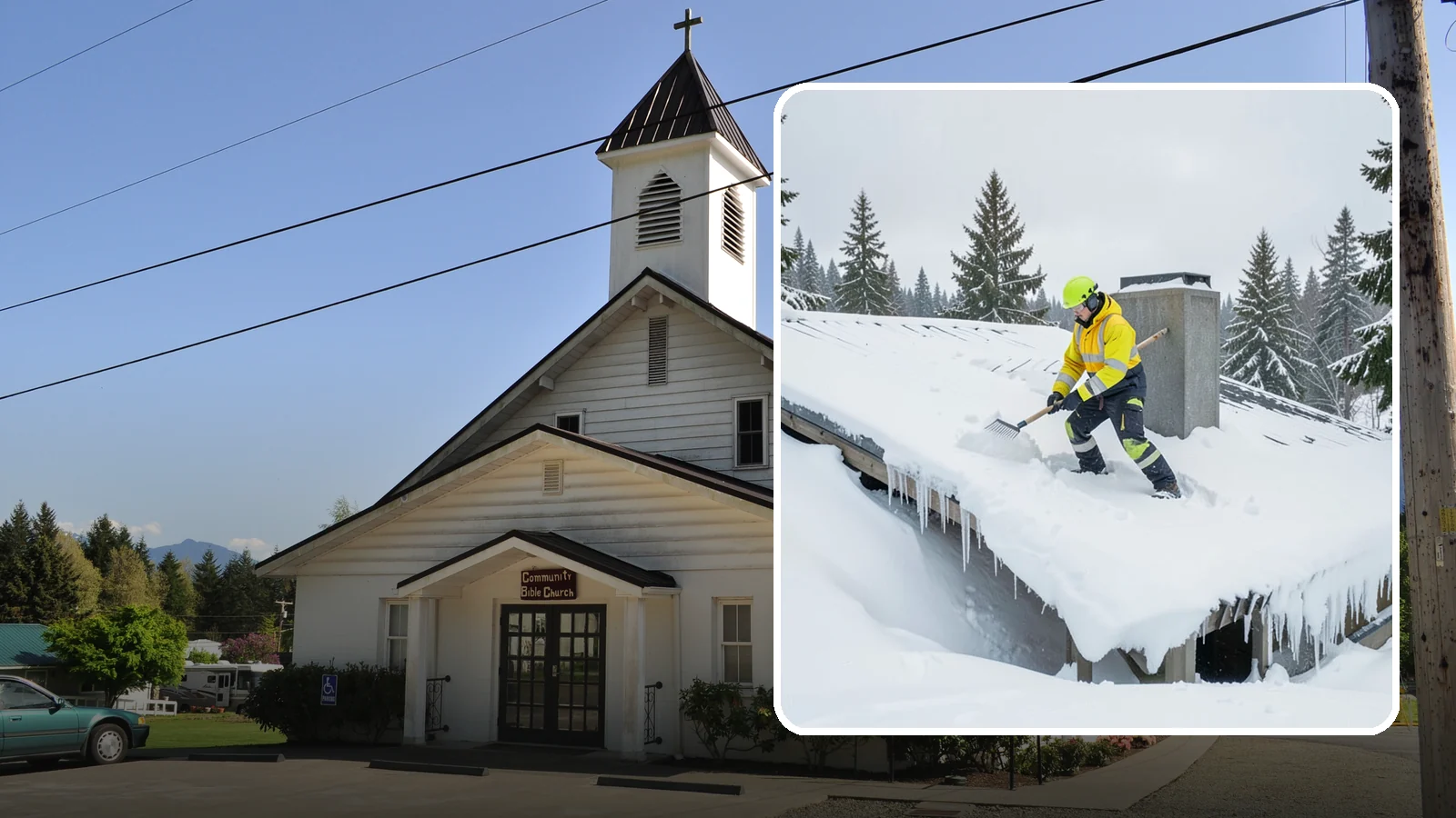 Roof Edge Clearing in Concrete, Skagit County, WA - We clear the roof edge and overhang zone where snow and ice concentrate above walkways and entrances.