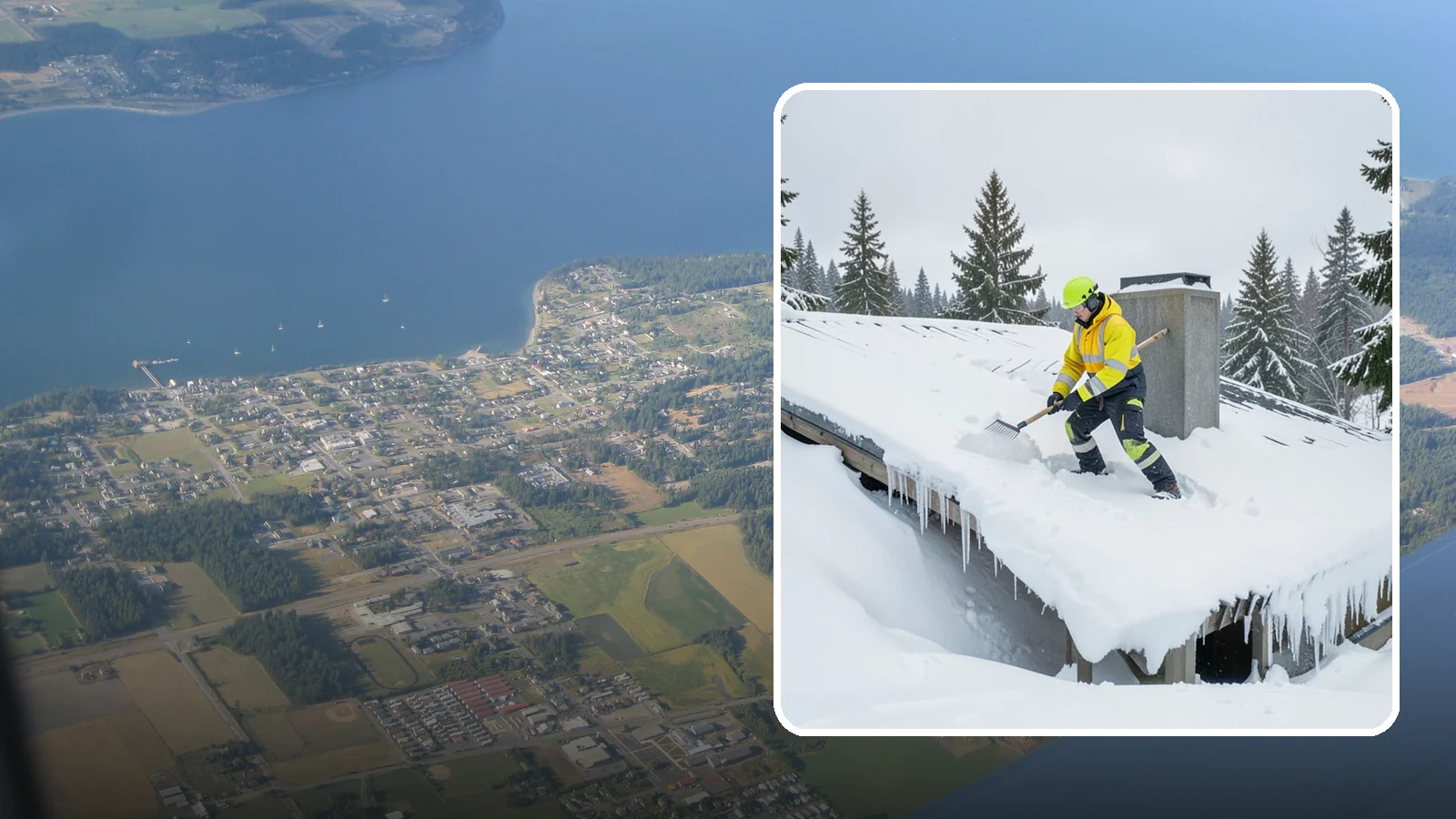 Roof Edge Clearing in Coupeville, Island County, WA - We clear the roof edge and overhang zone where snow and ice concentrate above walkways and entrances.