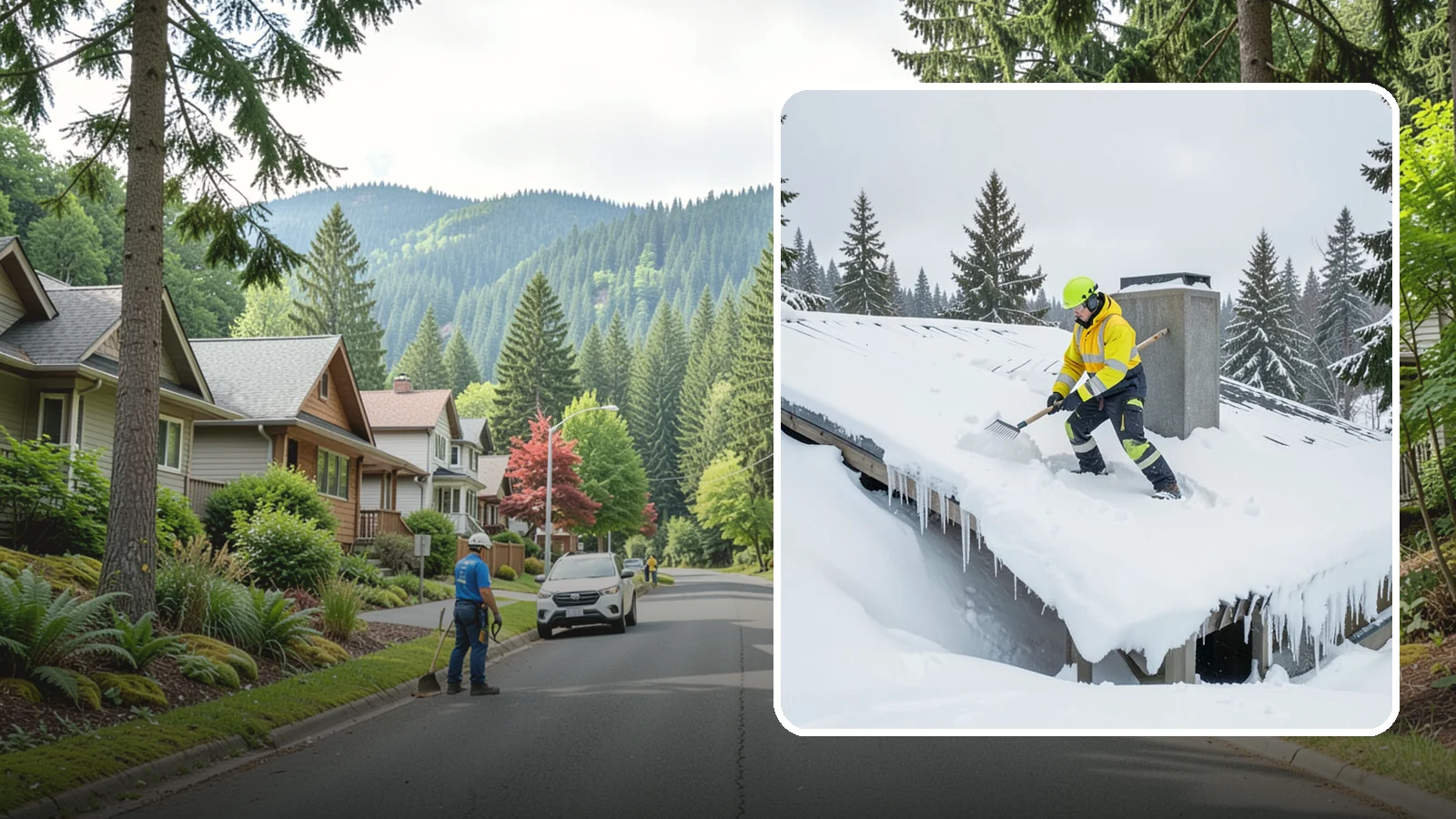 Roof Edge Clearing in Darrington, Snohomish County, WA - We clear the roof edge and overhang zone where snow and ice concentrate above walkways and entrances.