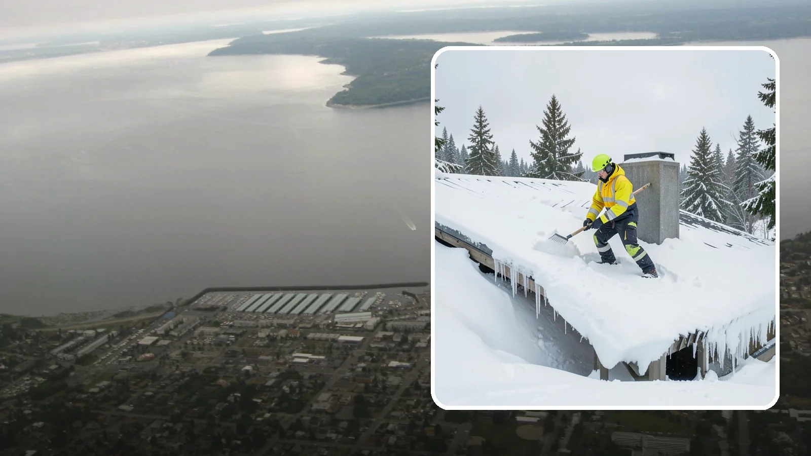Roof Edge Clearing in Des Moines, King County, WA - We clear the roof edge and overhang zone where snow and ice concentrate above walkways and entrances.
