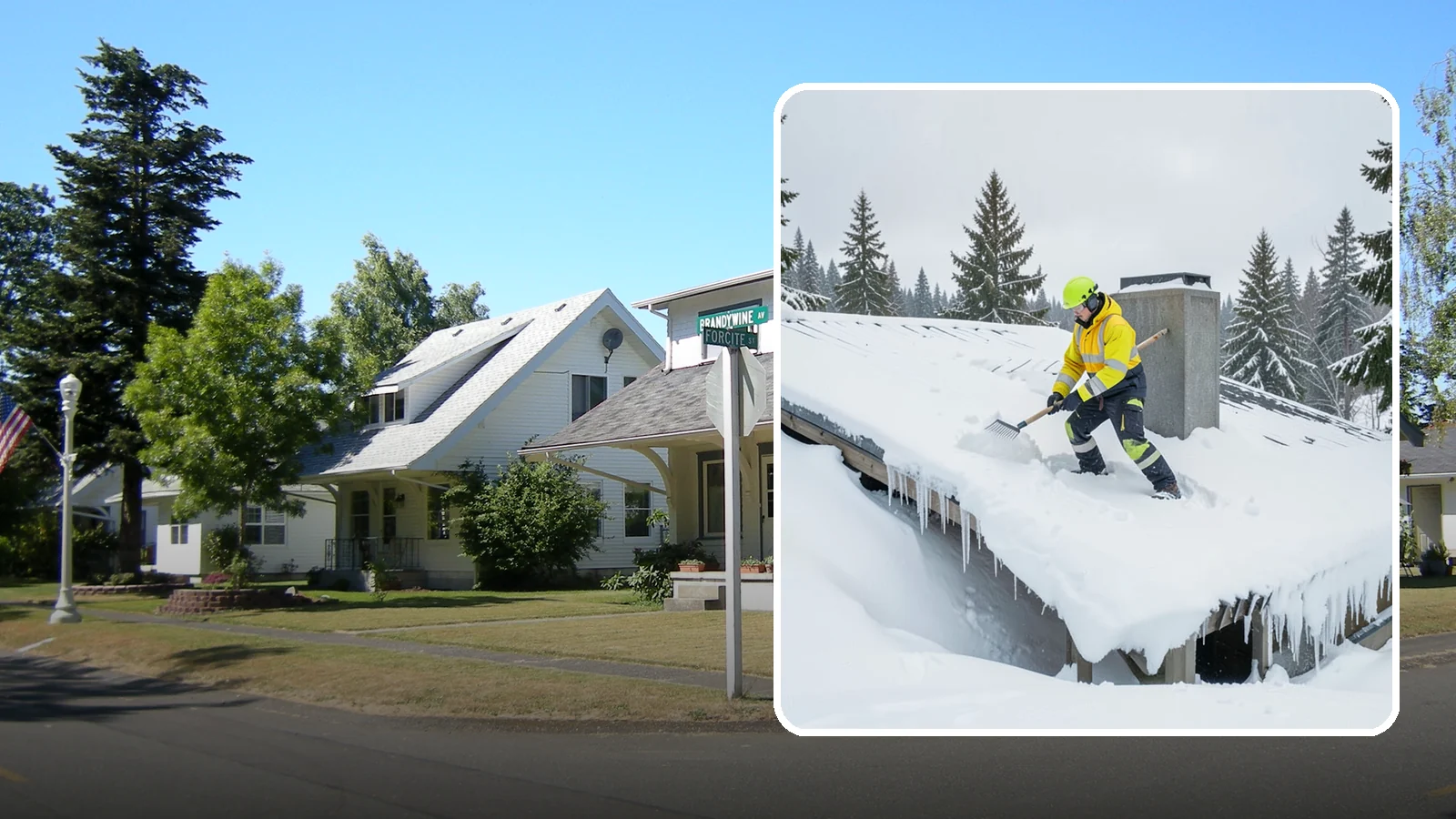 Roof Edge Clearing in DuPont, Pierce County, WA - We clear the roof edge and overhang zone where snow and ice concentrate above walkways and entrances.