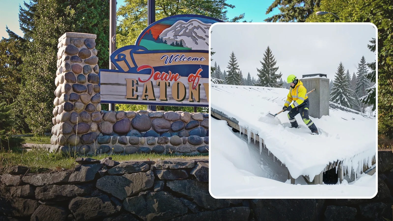Roof Edge Clearing in Eatonville, Pierce County, WA - We clear the roof edge and overhang zone where snow and ice concentrate above walkways and entrances.