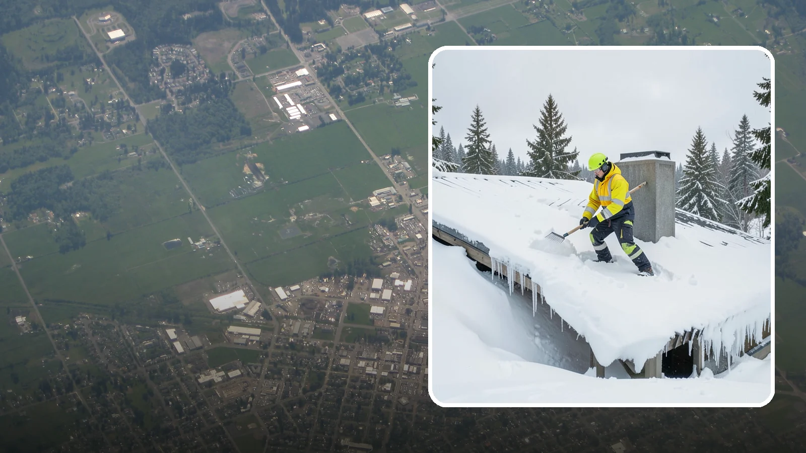 Roof Edge Clearing in Enumclaw, King County, WA - We clear the roof edge and overhang zone where snow and ice concentrate above walkways and entrances.