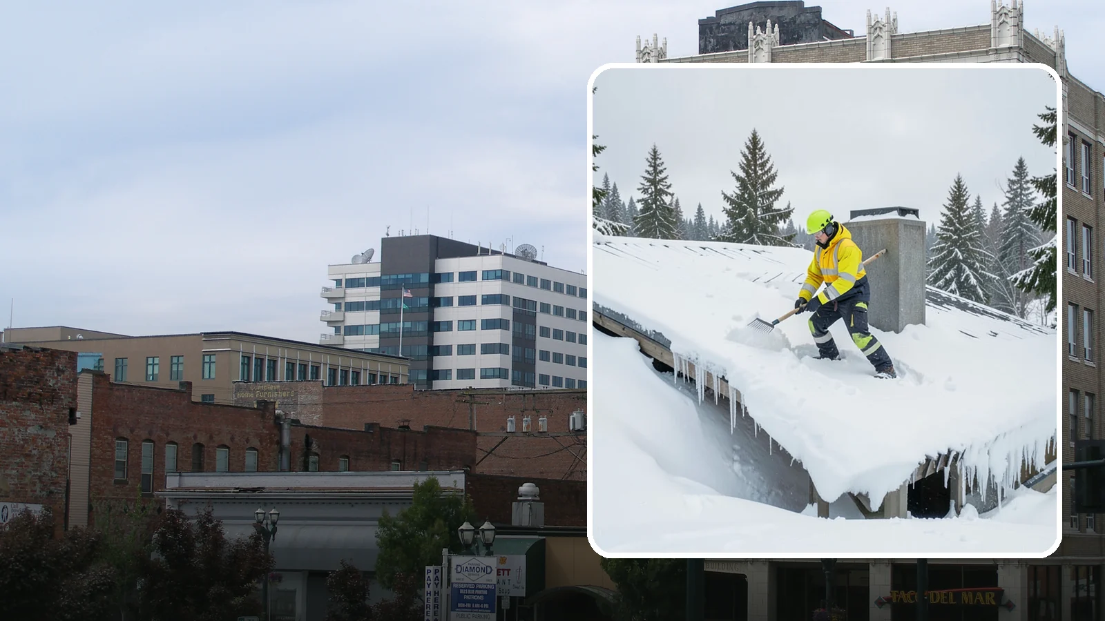 Roof Edge Clearing in Everett, Snohomish County, WA - We clear the roof edge and overhang zone where snow and ice concentrate above walkways and entrances.