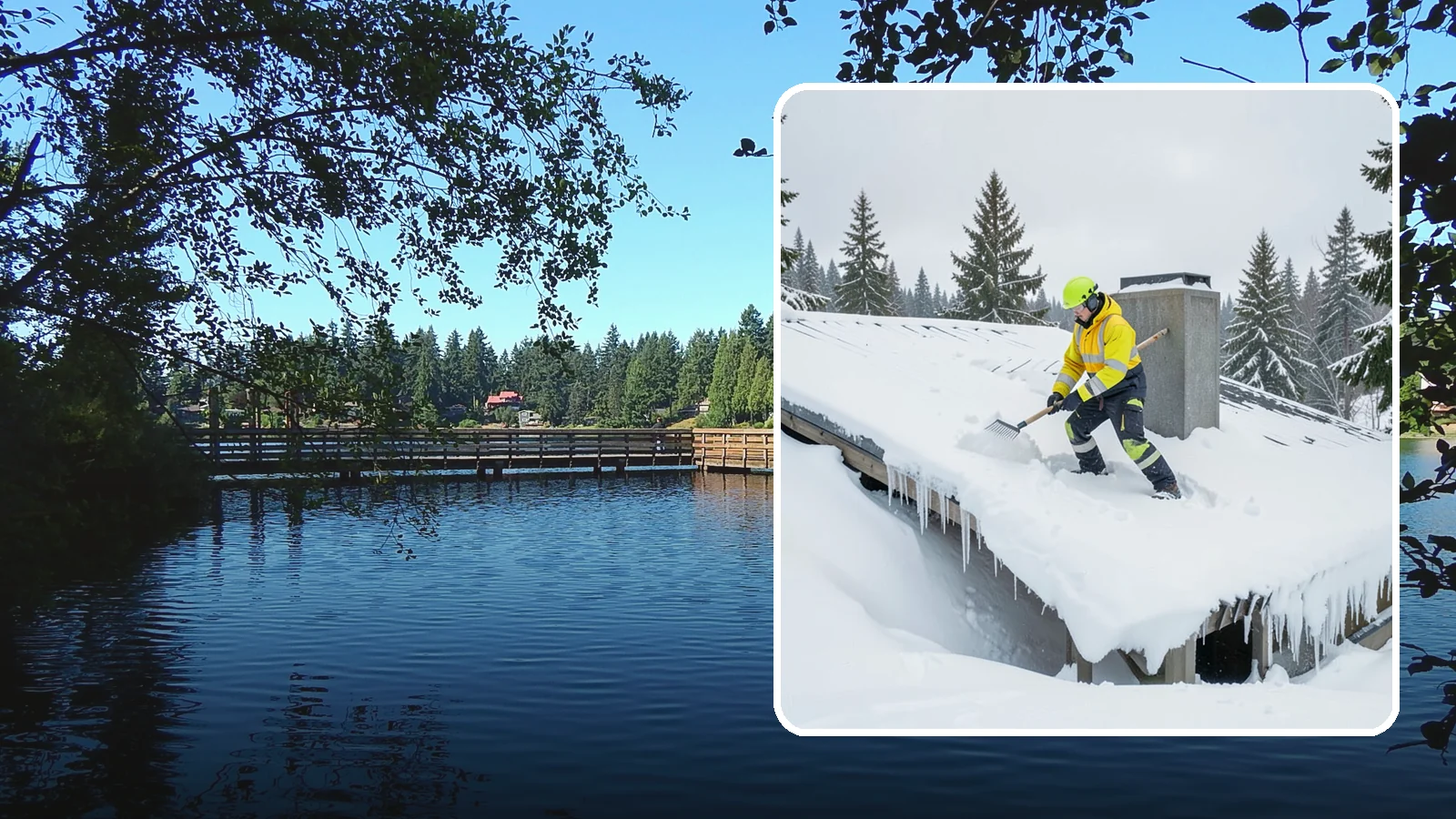 Roof Edge Clearing in Federal Way, King County, WA - We clear the roof edge and overhang zone where snow and ice concentrate above walkways and entrances.