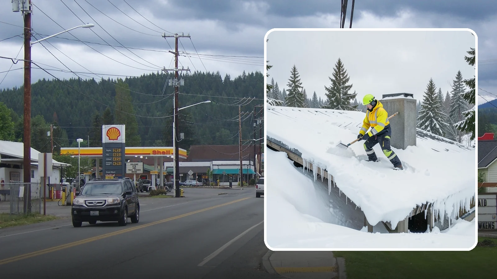 Roof Edge Clearing in Granite Falls, Snohomish County, WA - We clear the roof edge and overhang zone where snow and ice concentrate above walkways and entrances.