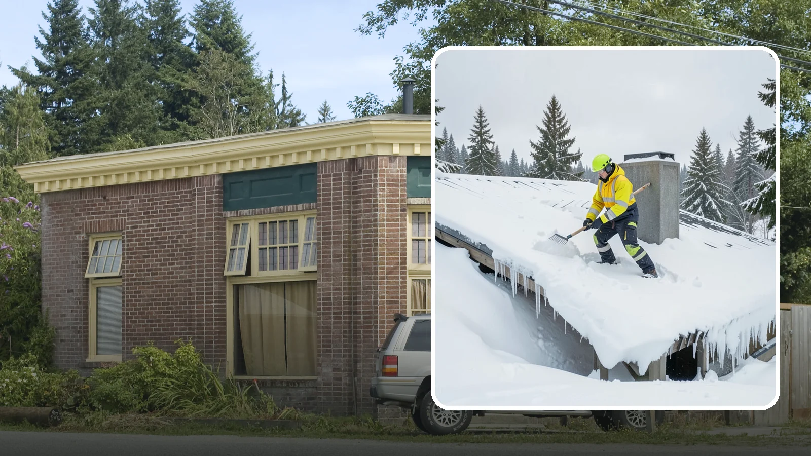 Roof Edge Clearing in Hamilton, Skagit County, WA - We clear the roof edge and overhang zone where snow and ice concentrate above walkways and entrances.