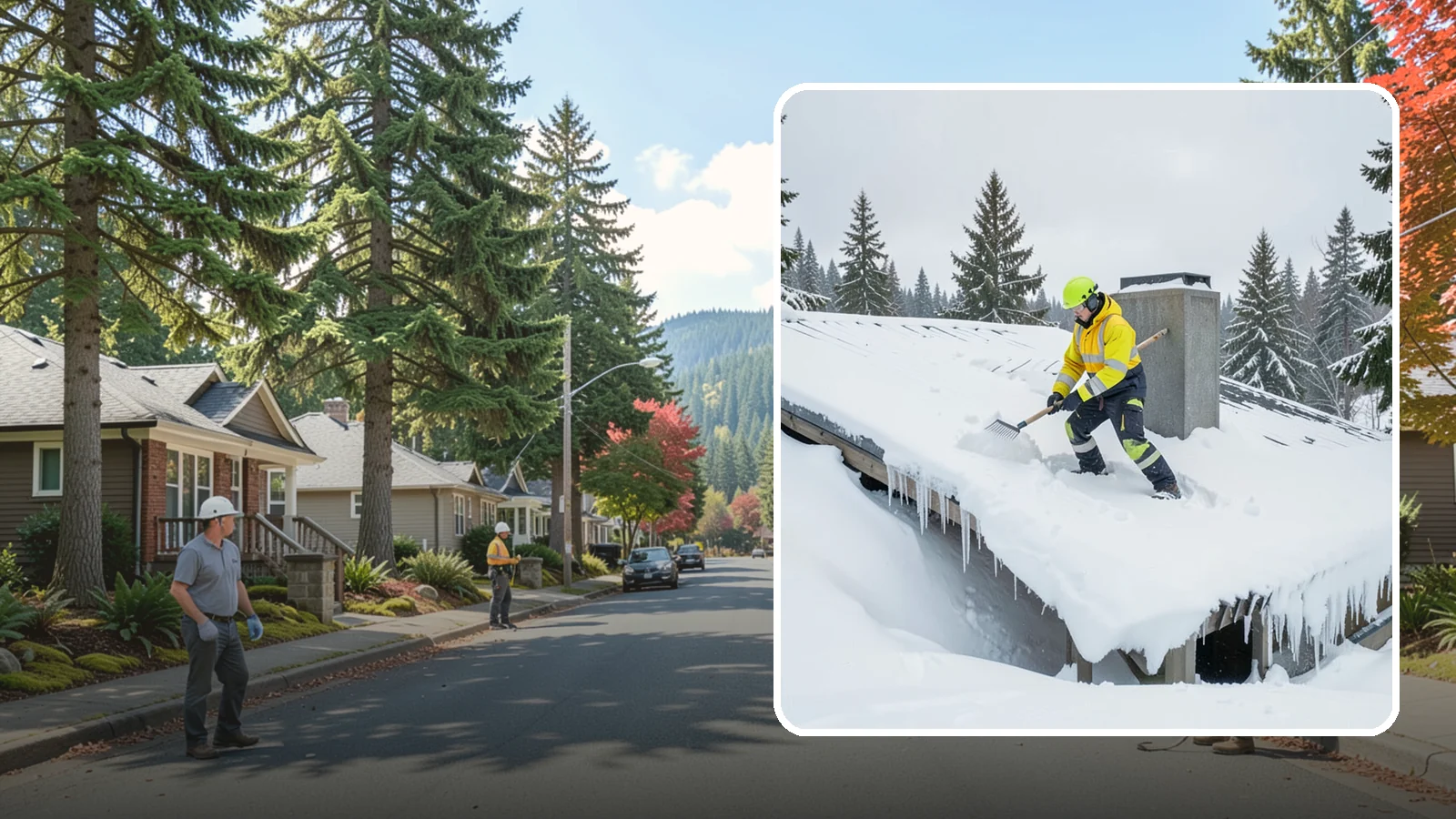 Roof Edge Clearing in Hunts Point, King County, WA - We clear the roof edge and overhang zone where snow and ice concentrate above walkways and entrances.