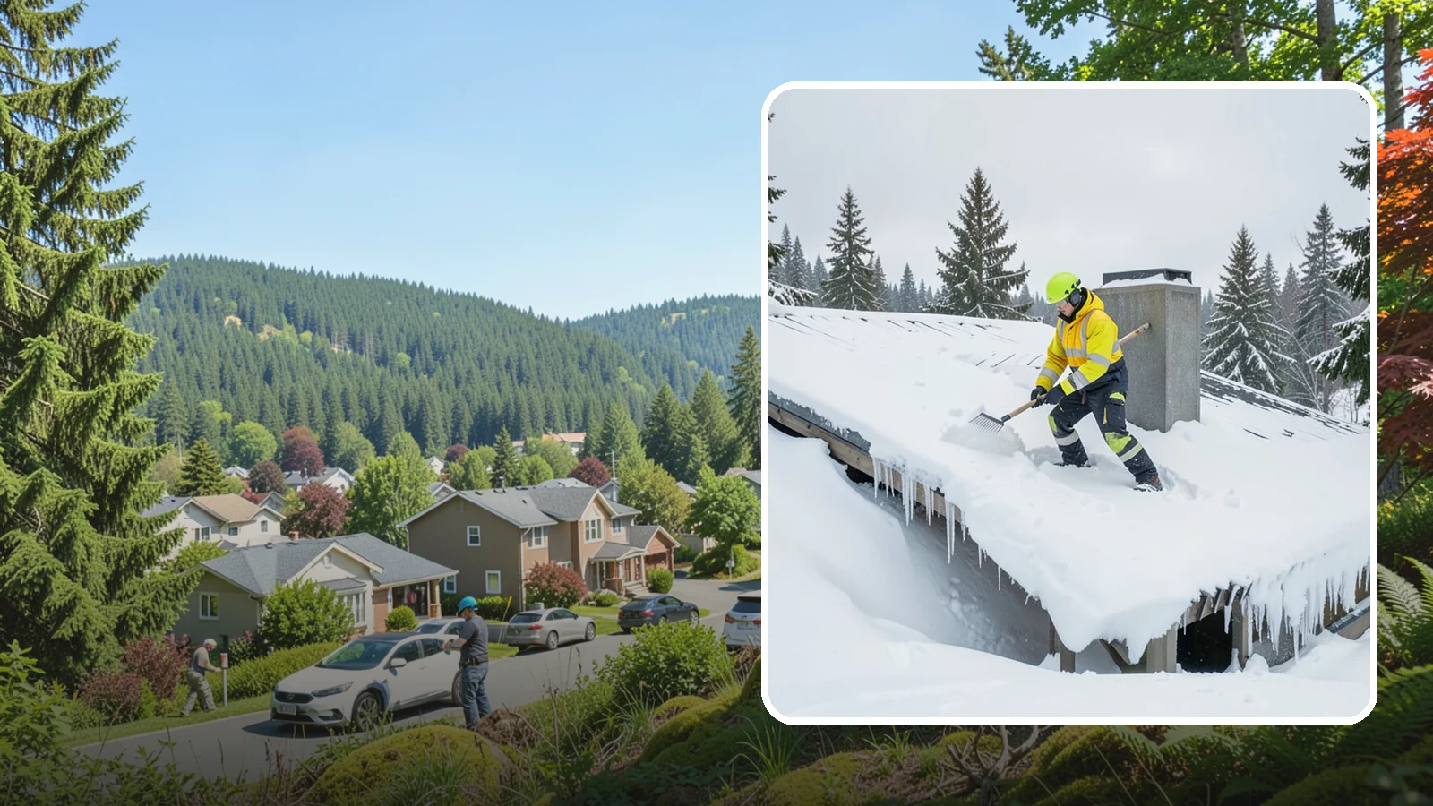 Roof Edge Clearing in Index, Snohomish County, WA - We clear the roof edge and overhang zone where snow and ice concentrate above walkways and entrances.