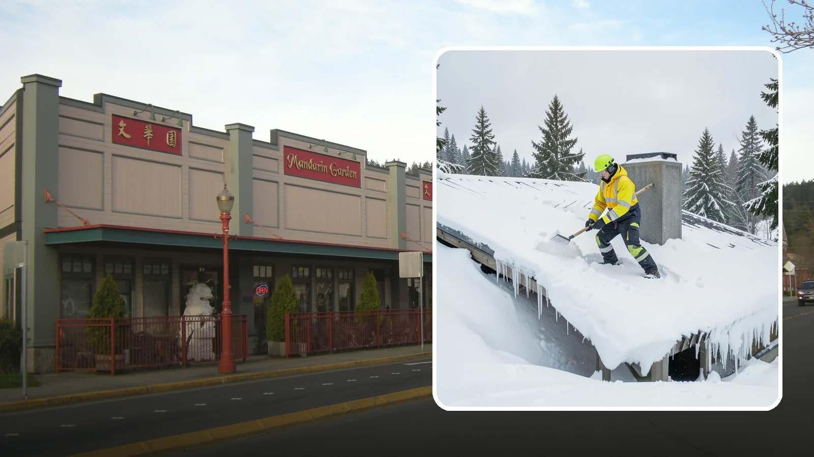 Roof Edge Clearing in Issaquah, King County, WA - We clear the roof edge and overhang zone where snow and ice concentrate above walkways and entrances.
