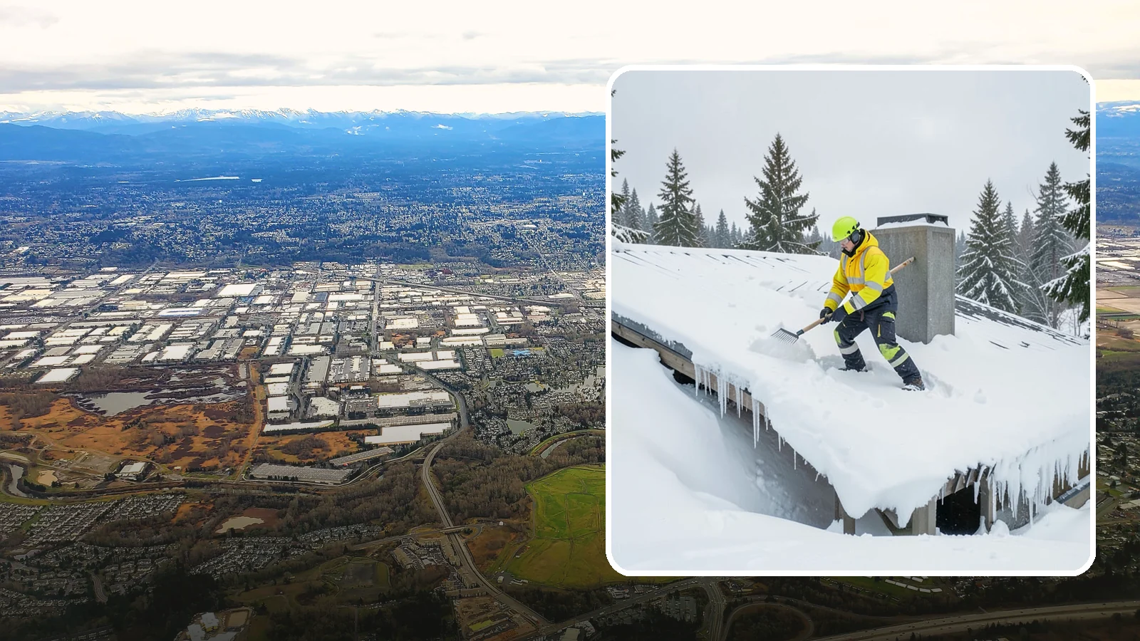 Roof Edge Clearing in Kent, King County, WA - We clear the roof edge and overhang zone where snow and ice concentrate above walkways and entrances.