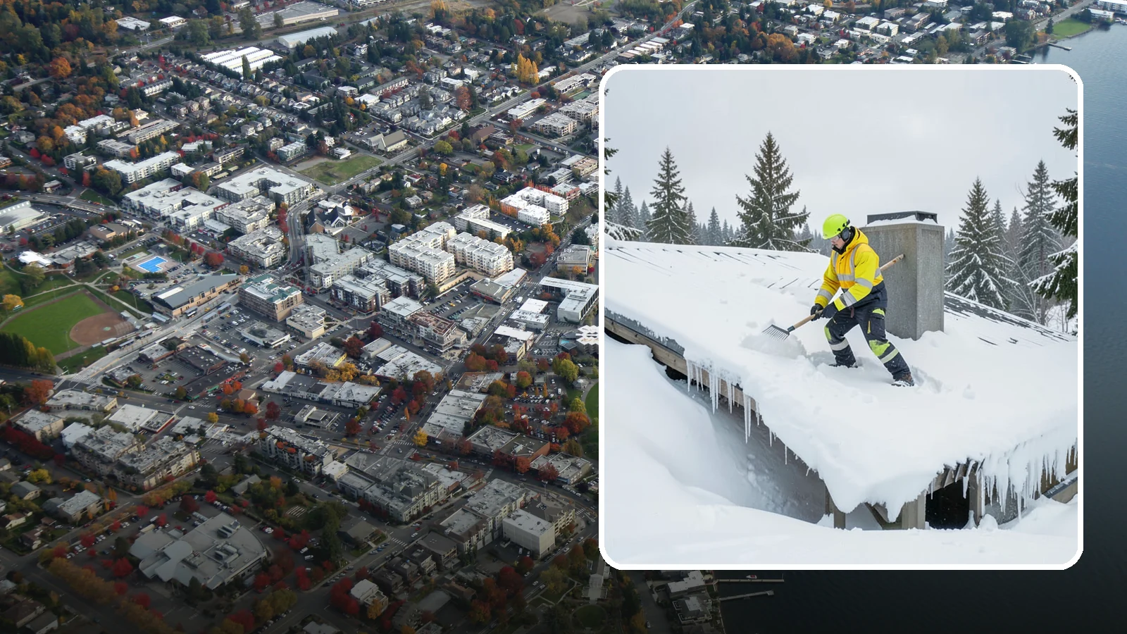 Roof Edge Clearing in Kirkland, King County, WA - We clear the roof edge and overhang zone where snow and ice concentrate above walkways and entrances.