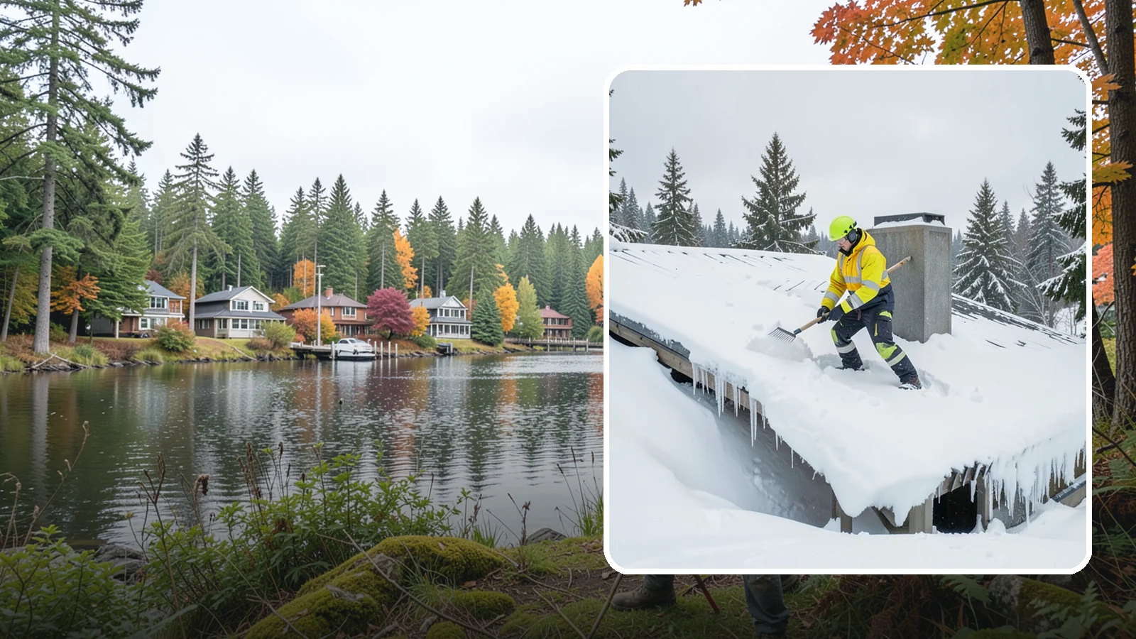 Roof Edge Clearing in La Conner, Skagit County, WA - We clear the roof edge and overhang zone where snow and ice concentrate above walkways and entrances.