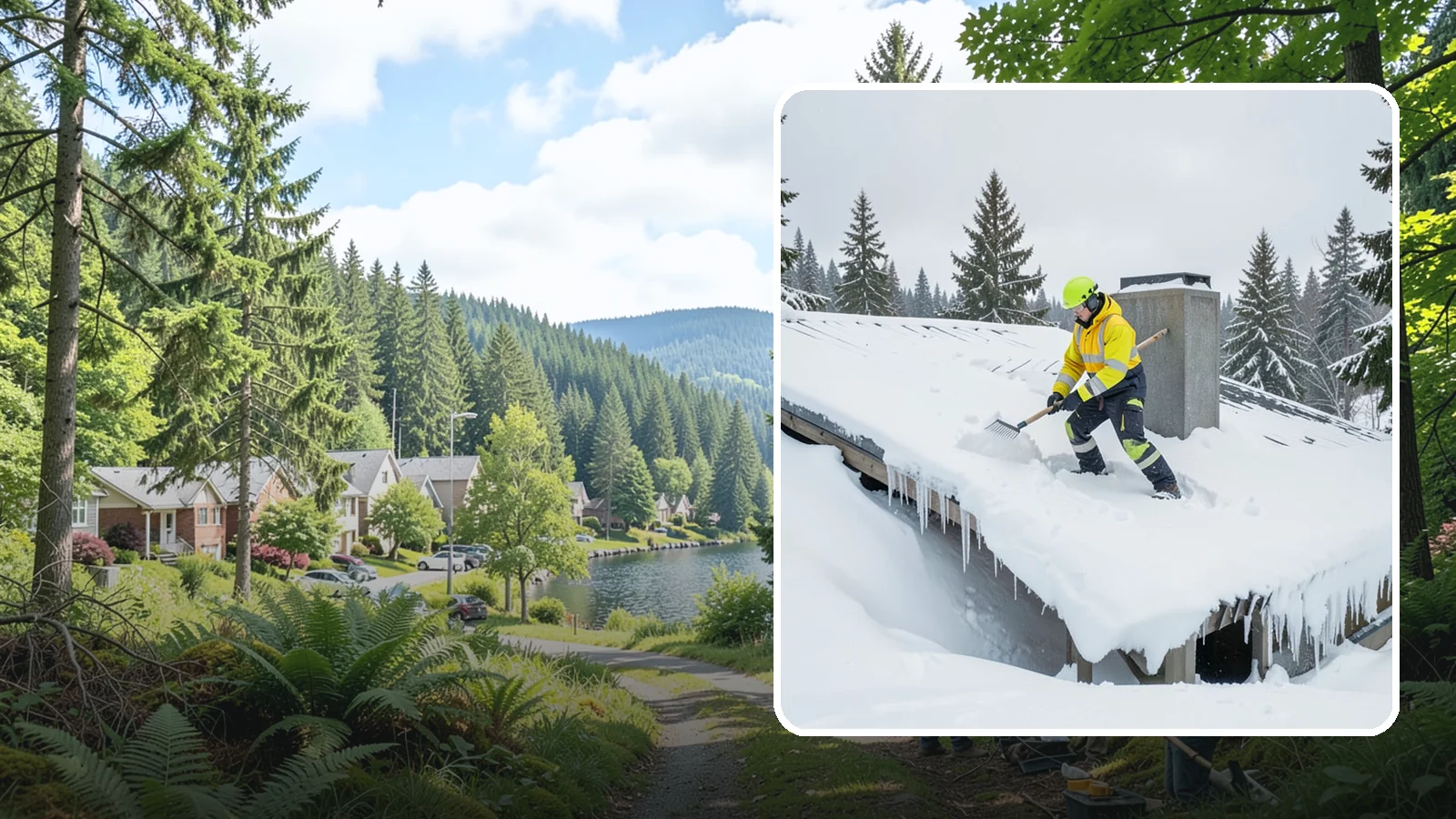 Roof Edge Clearing in Lake Forest Park, King County, WA - We clear the roof edge and overhang zone where snow and ice concentrate above walkways and entrances.
