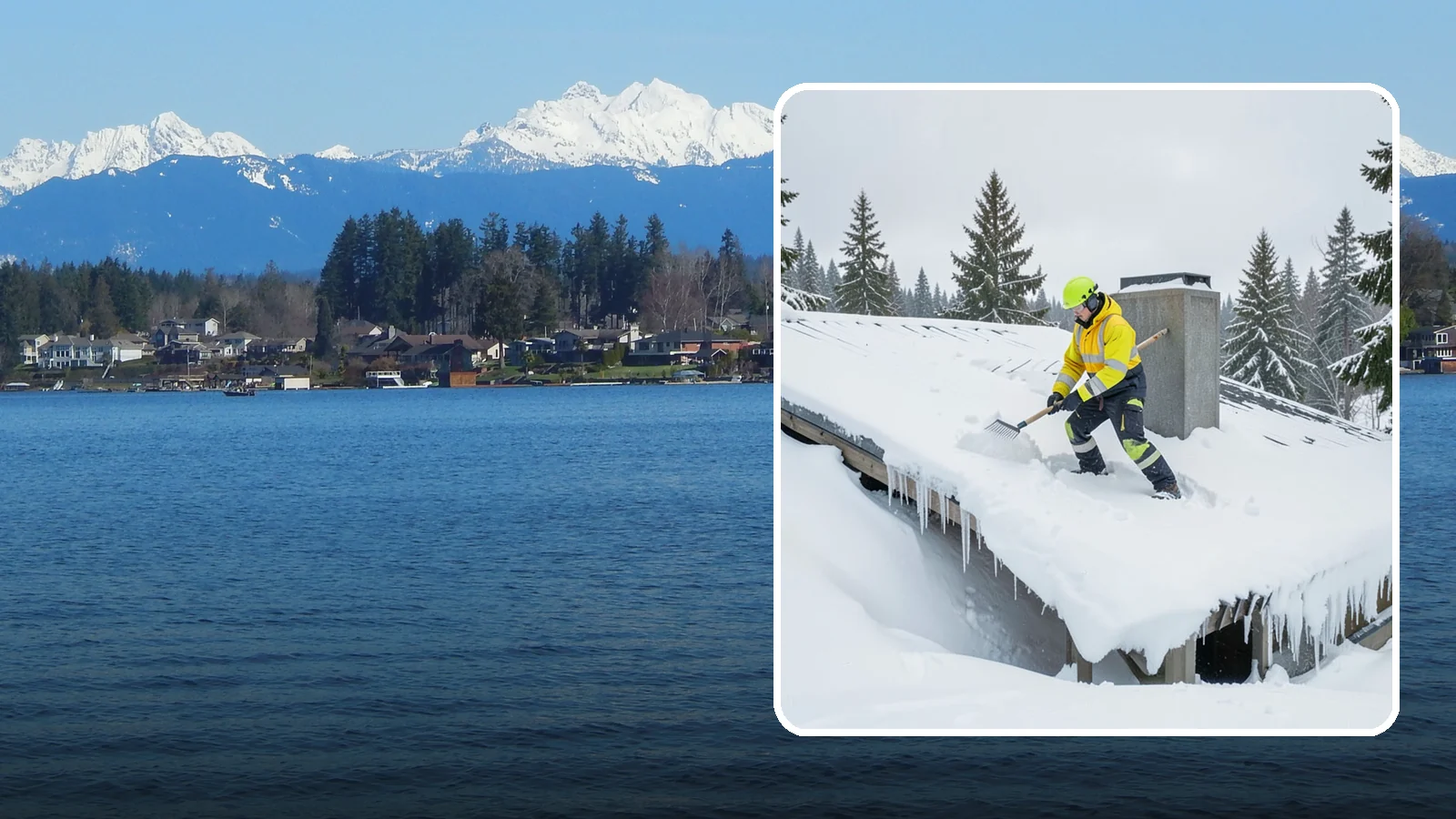 Roof Edge Clearing in Lake Stevens, Snohomish County, WA - We clear the roof edge and overhang zone where snow and ice concentrate above walkways and entrances.